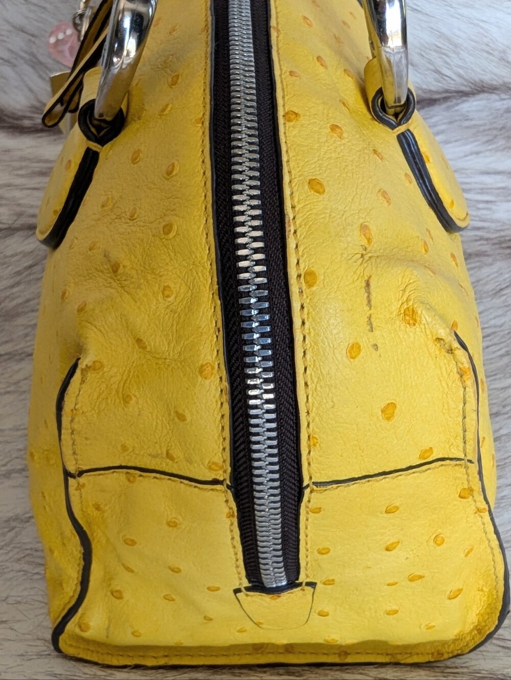 Coccinelle Bright Yellow Ostrich Embossed Convertible Satchel Crossbody Bag - Picture 9 of 14